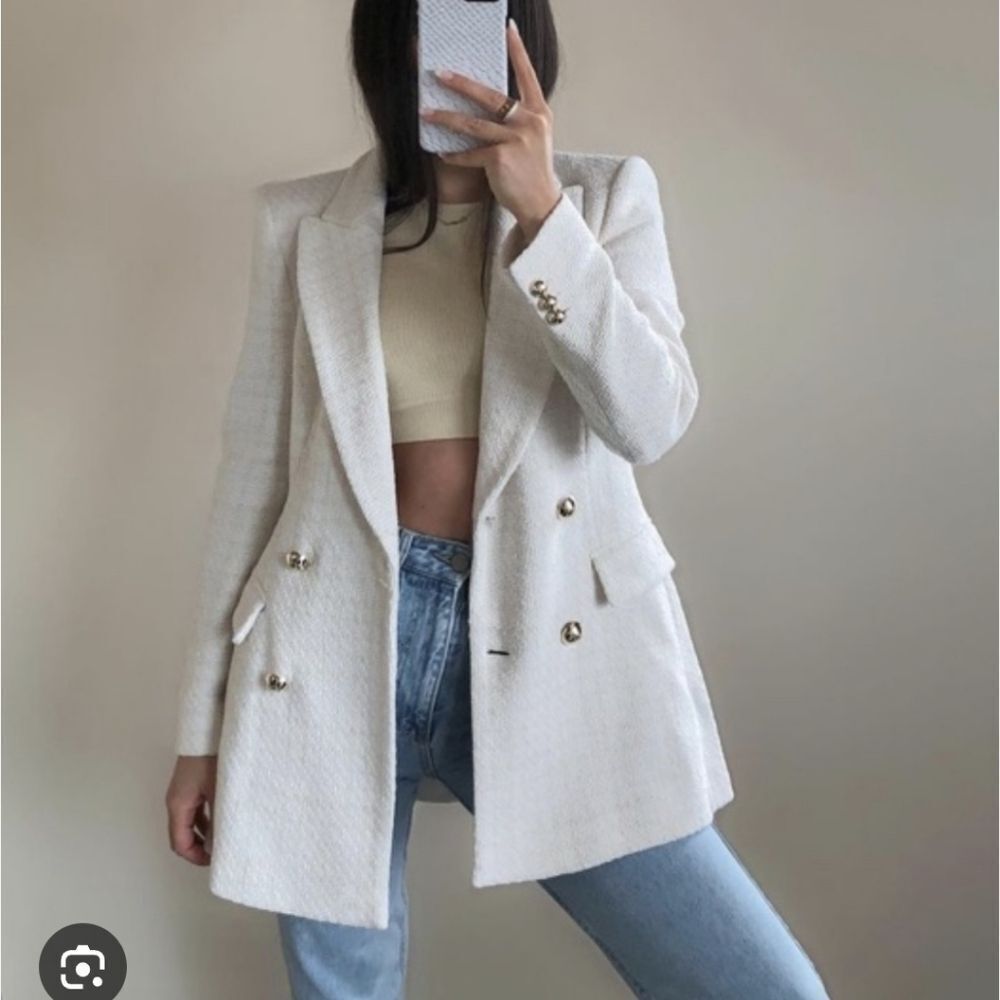 H&M Women's Cream Tweed Double Breasted Coat